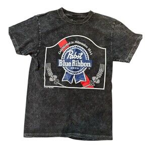 PBR Pabst Blue Ribbon SHIRT MENS SMALL BLACK BEER BREWING Bleach Dye